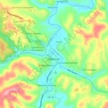Topografische Karte Spencer, Höhe, Relief