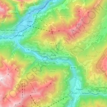 Topografische Karte Fließ, Höhe, Relief