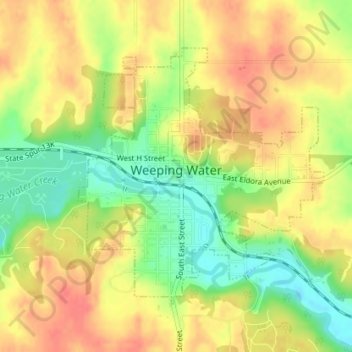 Topografische Karte Weeping Water, Höhe, Relief