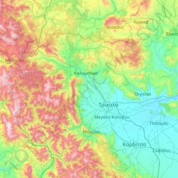 Topografische Karte Περιφερειακή Ενότητα Τρικάλων, Höhe, Relief