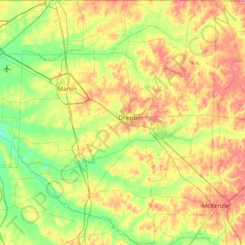 Topografische Karte Weakley County, Höhe, Relief