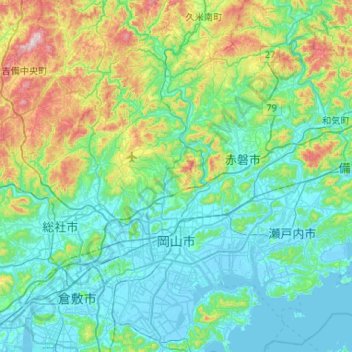 Topografische Karte Okayama, Höhe, Relief