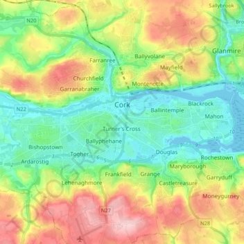 Topografische Karte Cork City, Höhe, Relief
