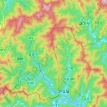 Topografische Karte 龙田乡, Höhe, Relief