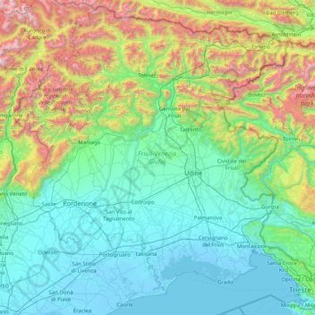 Topografische Karte Friaul-Julisch Venetien, Höhe, Relief