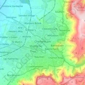 Topografische Karte Cheltenham, Höhe, Relief