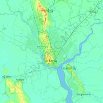 Topografische Karte Rangun, Höhe, Relief