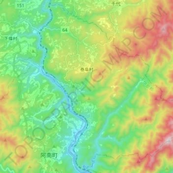 Topografische Karte 泰阜村, Höhe, Relief
