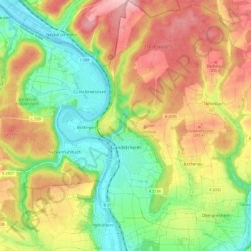 Topografische Karte Gundelsheim, Höhe, Relief