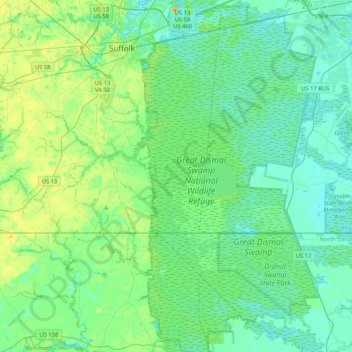 Topografische Karte Great Dismal Swamp, Höhe, Relief