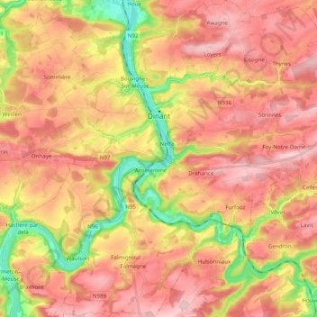 Topografische Karte Dinant, Höhe, Relief