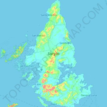 Topografische Karte Siargao Island, Höhe, Relief