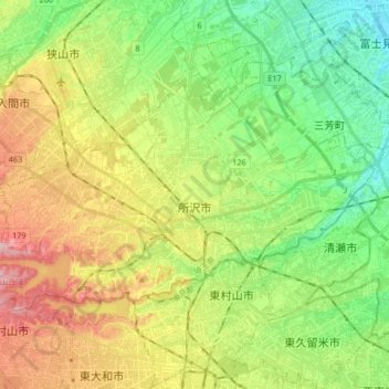 Topografische Karte 所澤市, Höhe, Relief