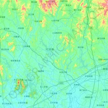 Topografische Karte 红安县, Höhe, Relief