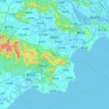 Topografische Karte 潮南区, Höhe, Relief