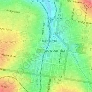 Topografische Karte Toowoomba City, Höhe, Relief