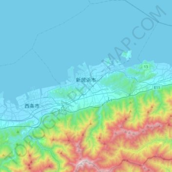 Topografische Karte 新居滨市, Höhe, Relief