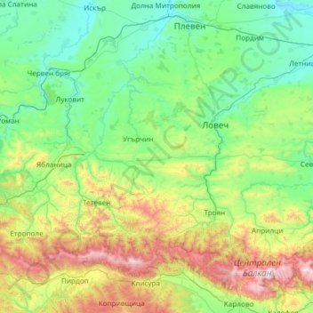 Topografische Karte Lovech, Höhe, Relief