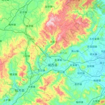 Topografische Karte 揭西县, Höhe, Relief