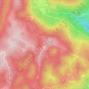 Topografische Karte Kordići Žumberački, Höhe, Relief