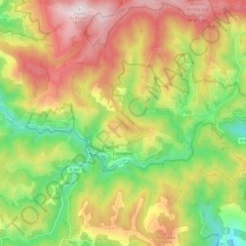 Topografische Karte Cassagnas, Höhe, Relief