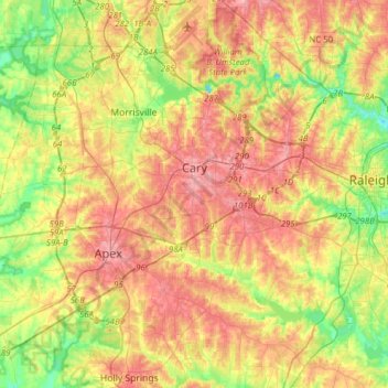 Topografische Karte Cary, Höhe, Relief