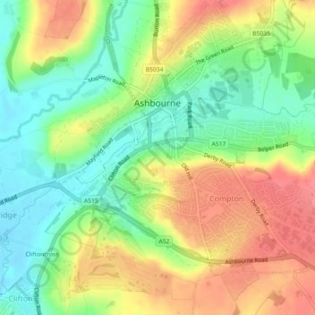 Topografische Karte Ashbourne CP, Höhe, Relief
