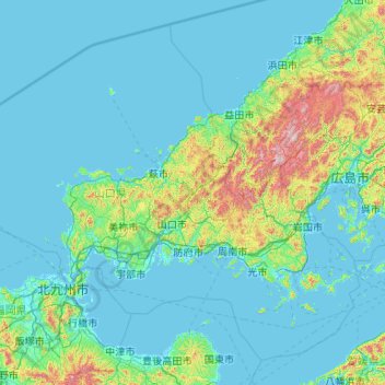 Topografische Karte Präfektur Yamaguchi, Höhe, Relief