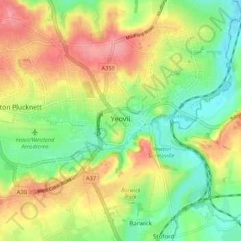 Topografische Karte Yeovil, Höhe, Relief