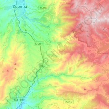 Topografische Karte Aprigliano, Höhe, Relief