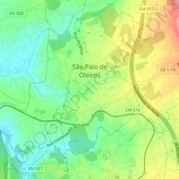 Topografische Karte São Paio de Oleiros, Höhe, Relief