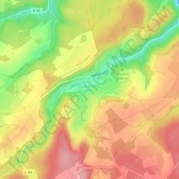 Topografische Karte Gladbach, Höhe, Relief