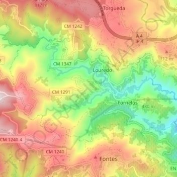 Topografische Karte Louredo e Fornelos, Höhe, Relief