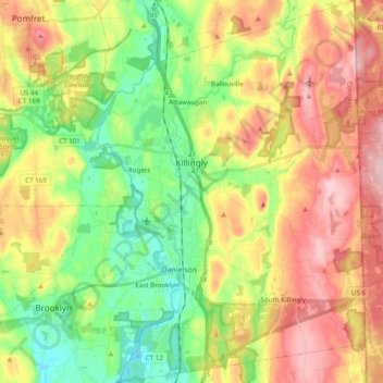 Topografische Karte Killingly, Höhe, Relief