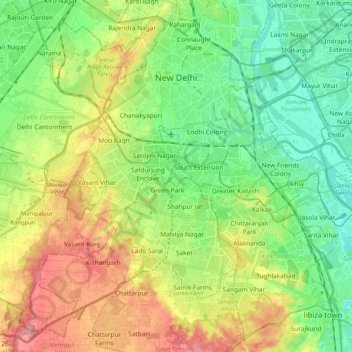 Topografische Karte Nueva Delhi, Höhe, Relief