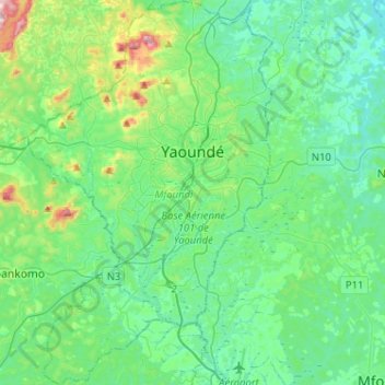Topografische Karte Yaounde, Höhe, Relief