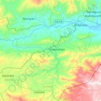 Topografische Karte Guastatoya, Höhe, Relief