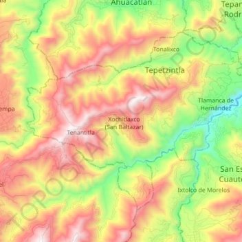 Topografische Karte Tepetzintla, Höhe, Relief
