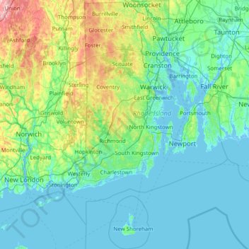 Topografische Karte Rhode Island, Höhe, Relief