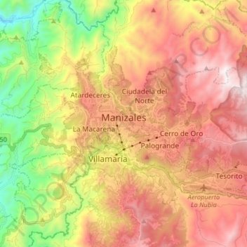 Topografische Karte Perímetro Urbano Manizales, Höhe, Relief