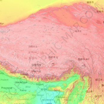 Topografische Karte Tibet, Höhe, Relief