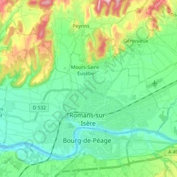 Topografische Karte Romans-sur-Isère, Höhe, Relief