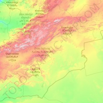 Topografische Karte Drâa-Tafilalet ⴷⴰⵔⵄⴰ-ⵜⴰⴼⵉⵍⴰⵍⵜ درعة تافيلالت, Höhe, Relief