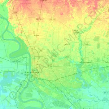 Topografische Karte East Baton Rouge Parish, Höhe, Relief