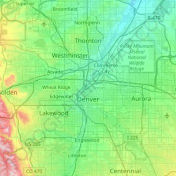 Topografische Karte Denver, Höhe, Relief