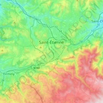 Topografische Karte Saint-Étienne, Höhe, Relief