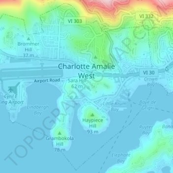 Topografische Karte Charlotte Amalie West, Höhe, Relief