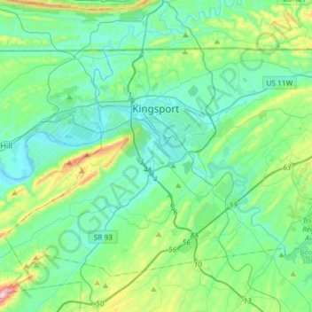Topografische Karte Kingsport, Höhe, Relief