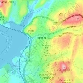 Topografische Karte City of Peekskill, Höhe, Relief