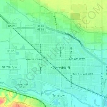 Topografische Karte Scottsbluff, Höhe, Relief